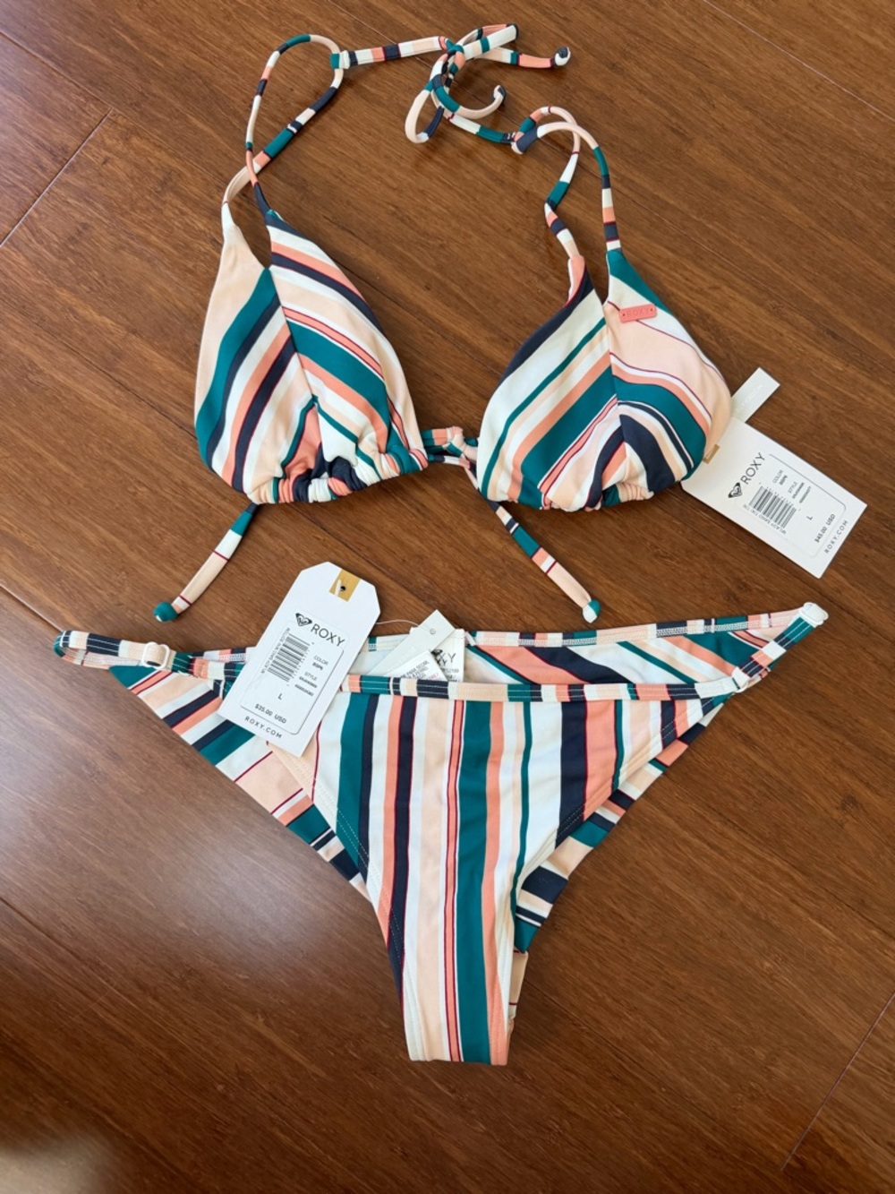 Roxy Striped Triangle Bikini Top in Teal, Coral & Navy